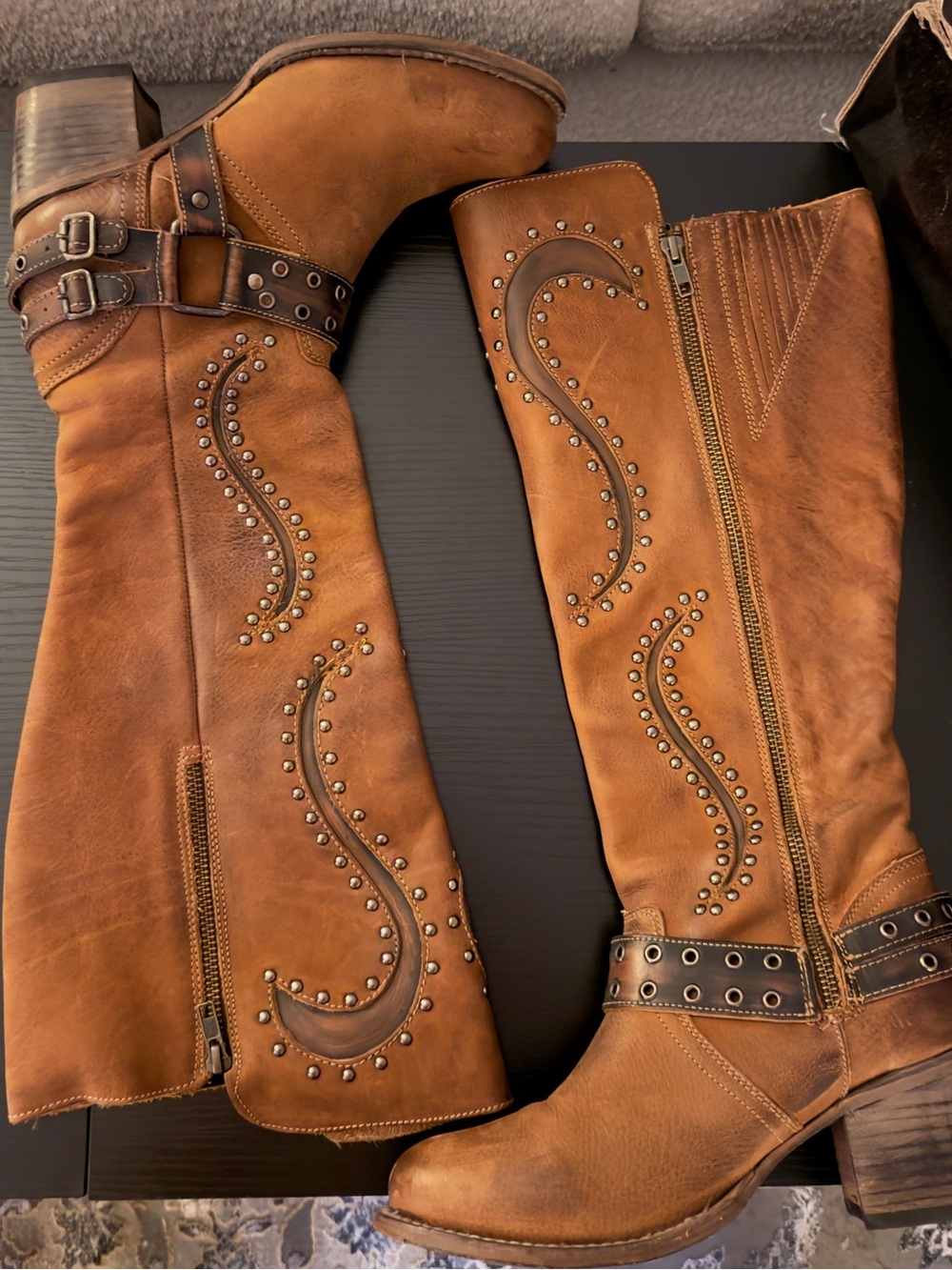 FREEBIRD by Steven Coyote Brown Leather Tall Boots Size 9 Studded Western